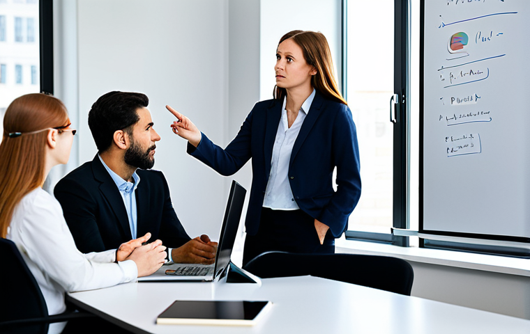 A diverse group of professional colleagues in a modern, well-lit office. One colleague initially appears perplexed while looking at a computer screen, symbolizing a challenge. This transitions into a scene where the same group is collaboratively engaged in a "knowledge sharing session" around a communal table with a whiteboard, actively discussing and exchanging ideas. They are all fully clothed in modest business attire, displaying open communication and teamwork. This image should have professional photography, high resolution, soft lighting, and sharp focus, depicting safe for work, appropriate content, professional interactions, perfect anatomy, correct proportions, natural pose, well-formed hands, proper finger count, and natural body proportions, making it family-friendly.